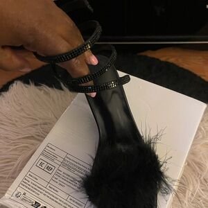 Black Strappy Heeled Sandals with Feather Detail